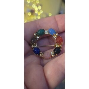 Scarab Brooch Goldtone Vintage Egyptian Revival Molded Glass Scarab Circle 1in